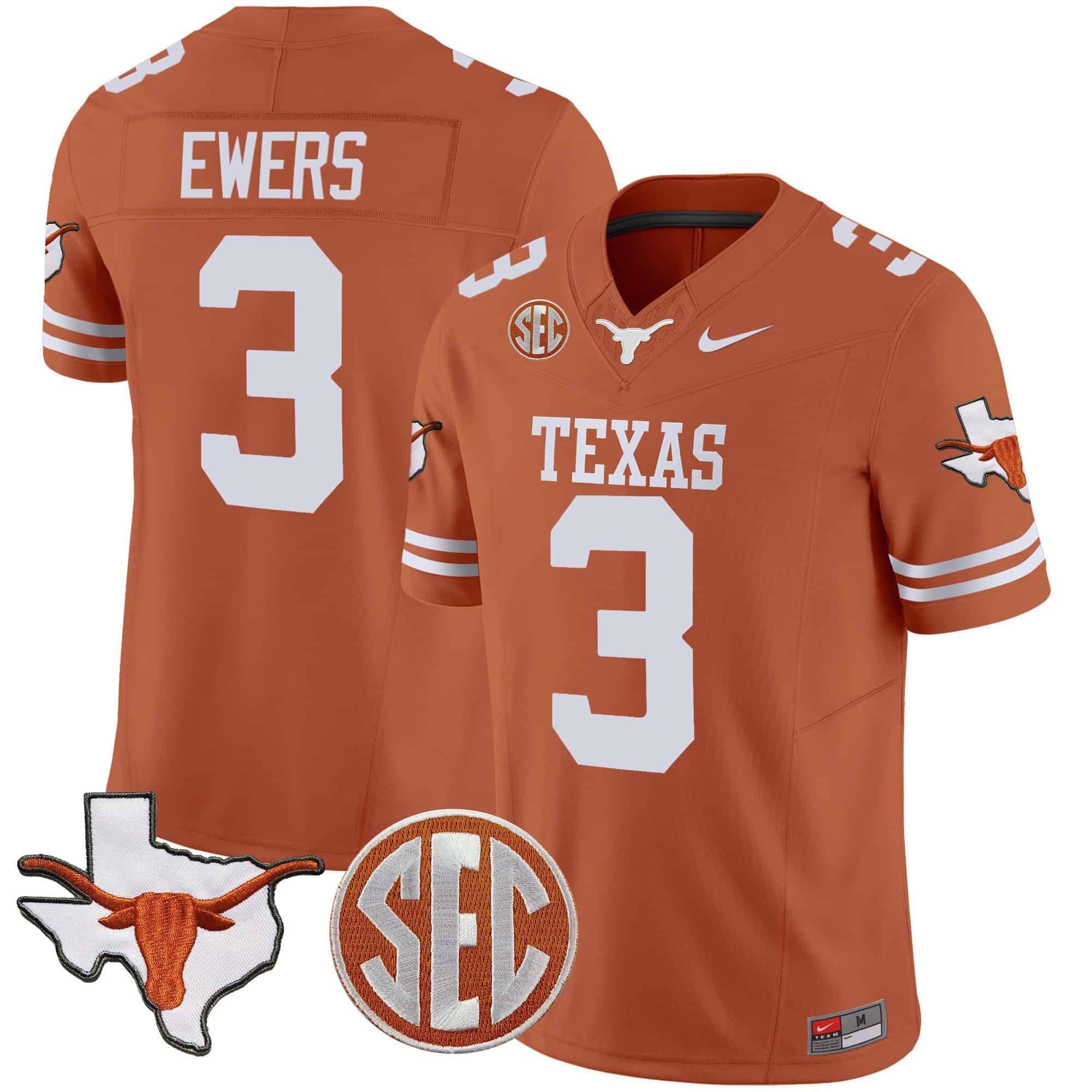 Men Texas Longhorns #3 Ewers Orange 2024 Nike State Map & SEC Patch Vapor NCAA Jersey style 1->indianapolis colts->NFL Jersey